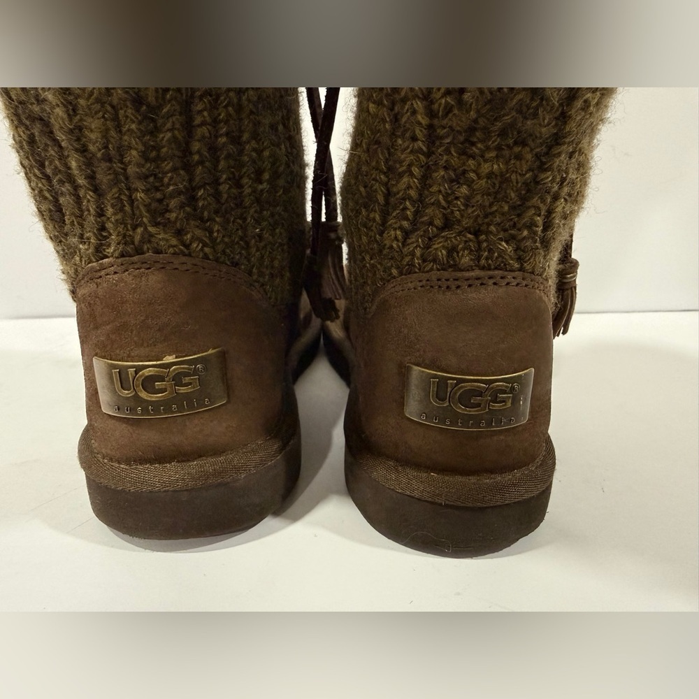 UGG Australia Tall Knit Shearling Boots Brown Leather Tassel Women’s 6 - Picture 4 of 13
